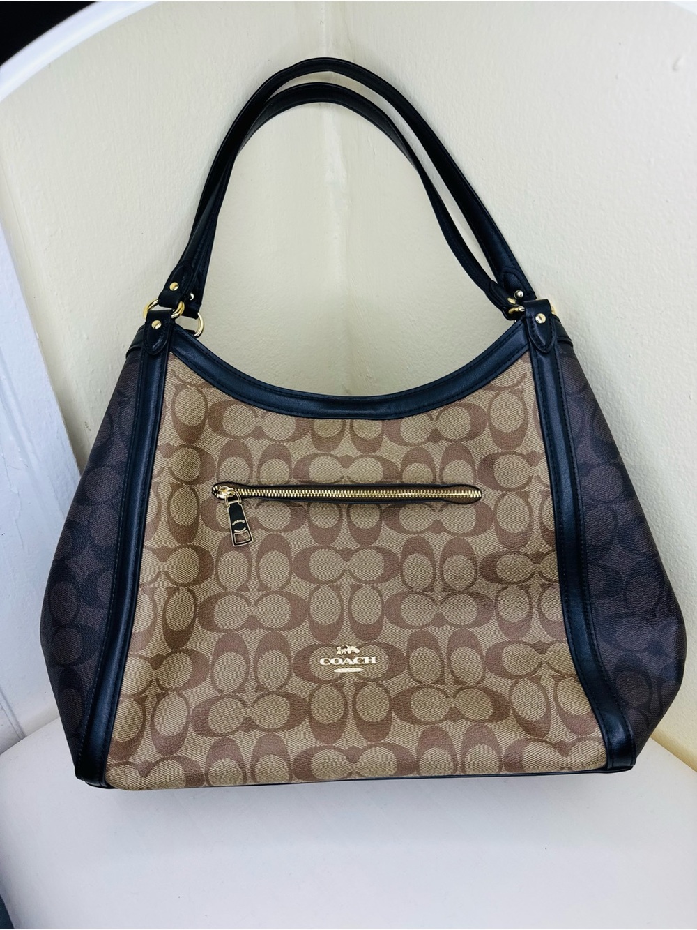 Coach Brown Signature Canvas Shoulder Bag with Black Trim